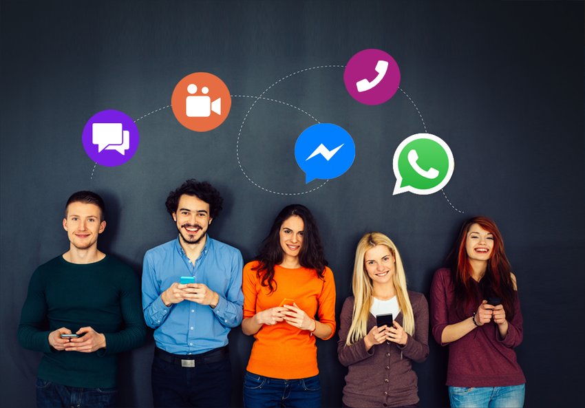 people with channel icons Five people on their mobile devices, with illustrated icons above them showing different channels: voice, video, social media